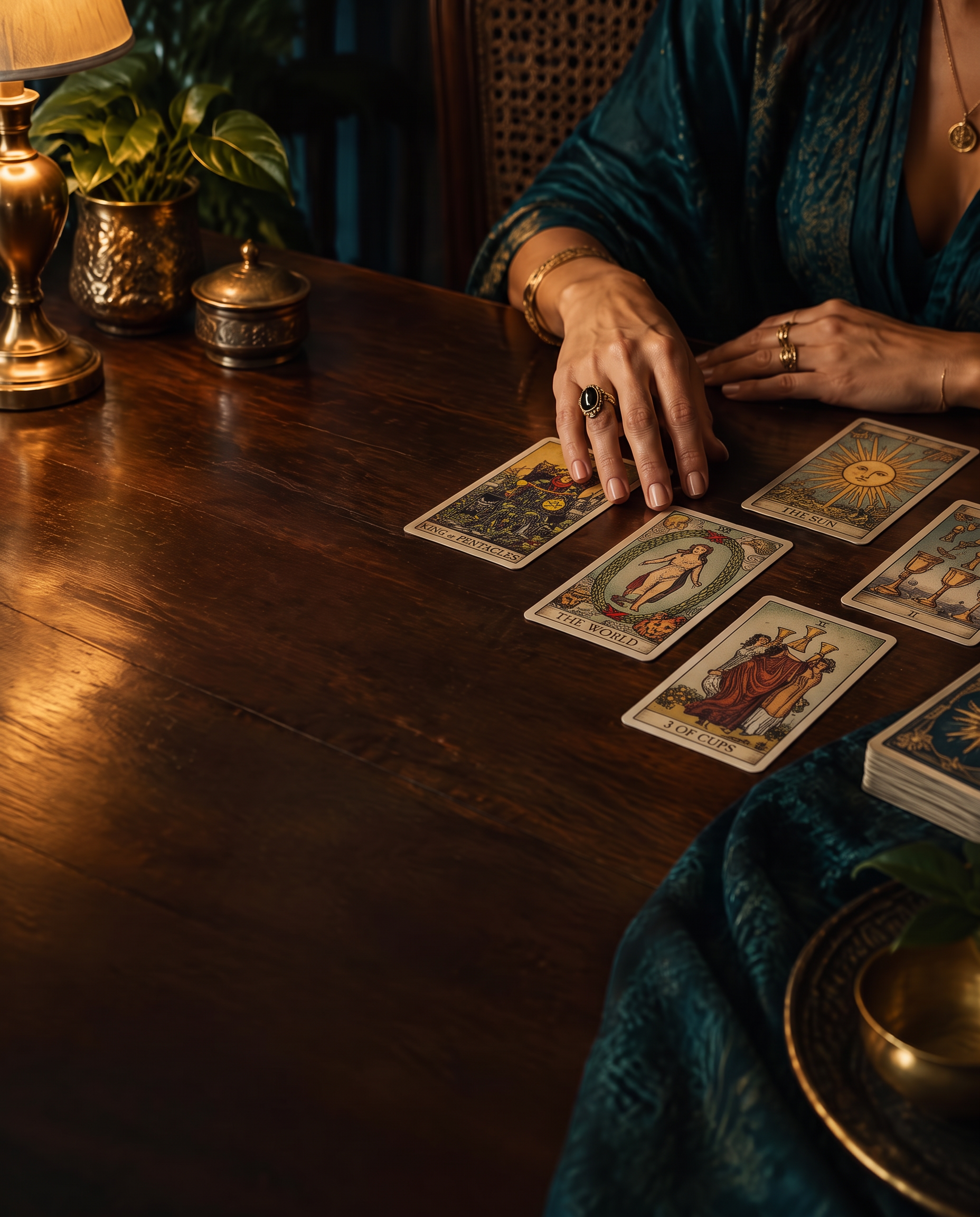 Mesa de madeira com cartas de Tarô em uma consulta intimista